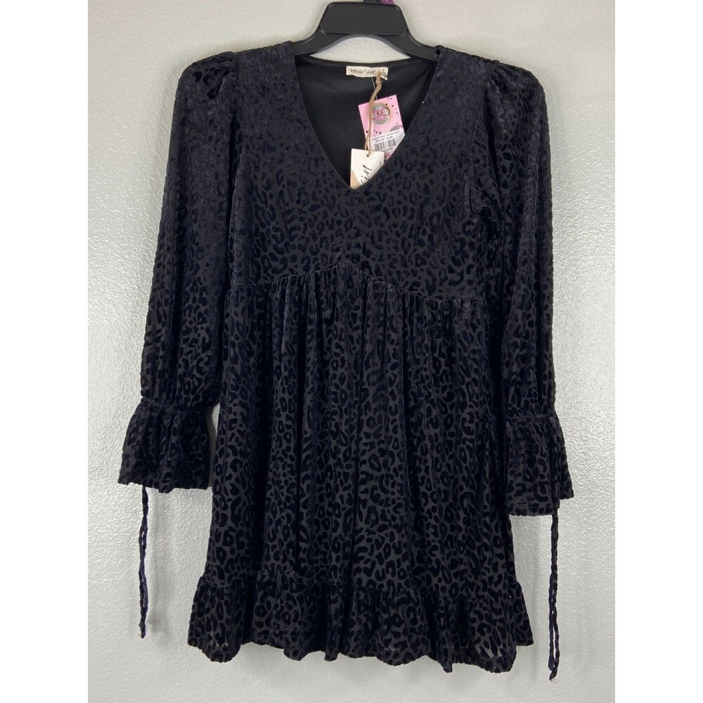 New In Collection Women Small Mini Dress Black Leopard Pattern Flow Skirt NWT